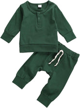 Infant Baby Boy Girl Fall Winter Clothes Outfit Solid Color Tops and Pants Kids Sweatsuit 2 Pieces Clothes Set (Green A, 3-6 Months)